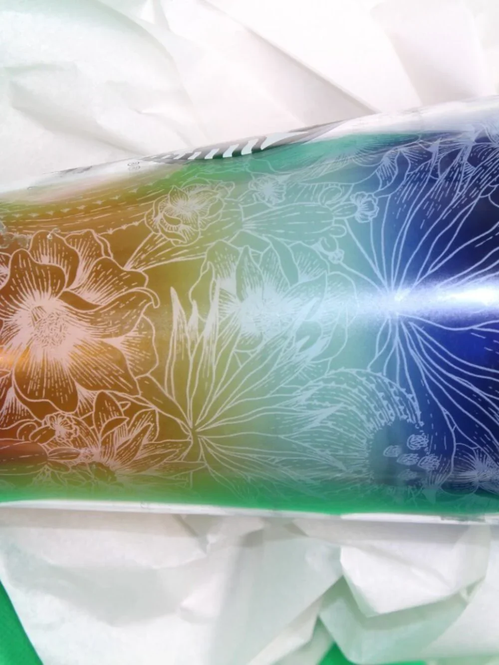 Starbucks 16 oz. Plastic Tumbler. Blue/Gold, Floral and Cactus